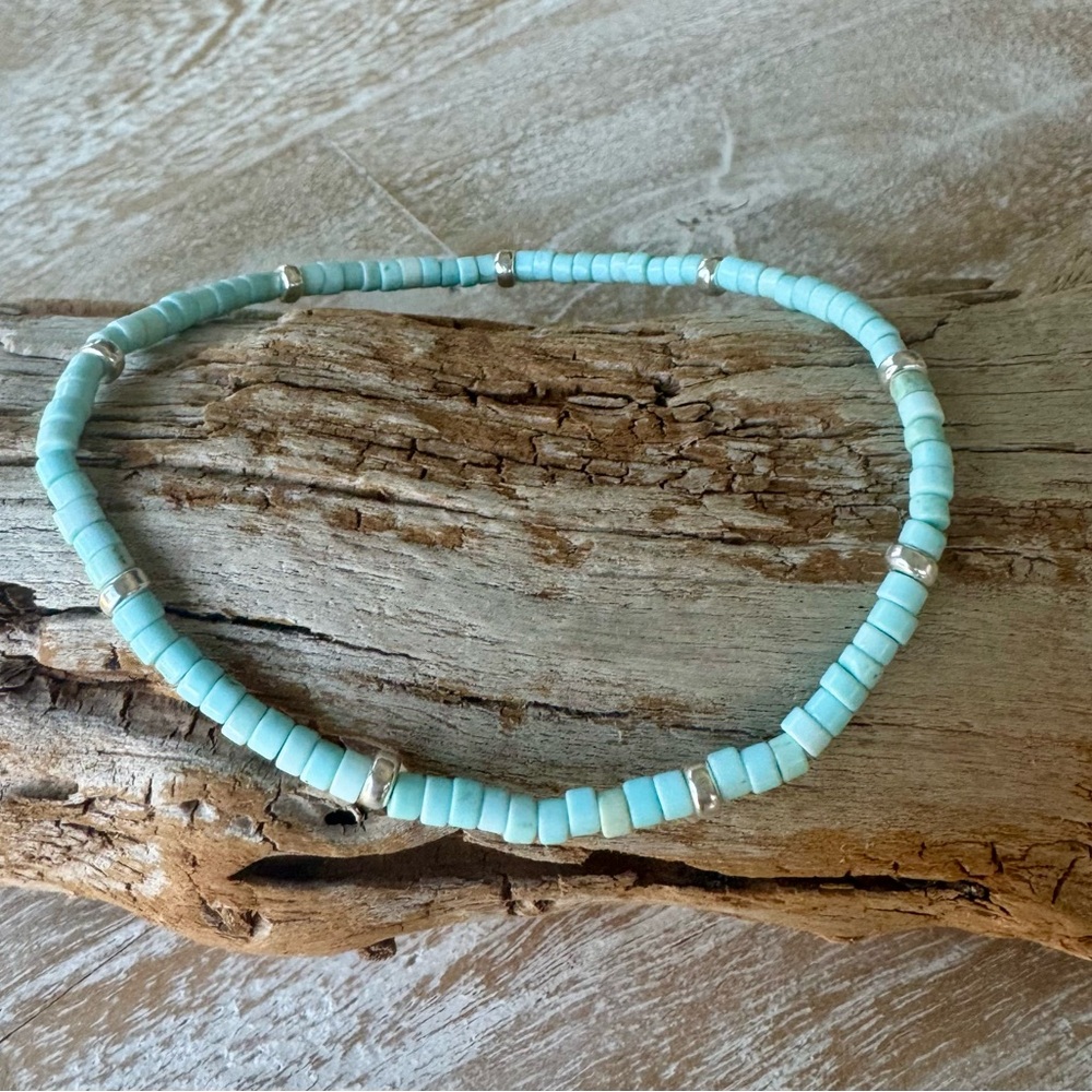 Cream blue heishi bead anklet with sterling silver spacer discs